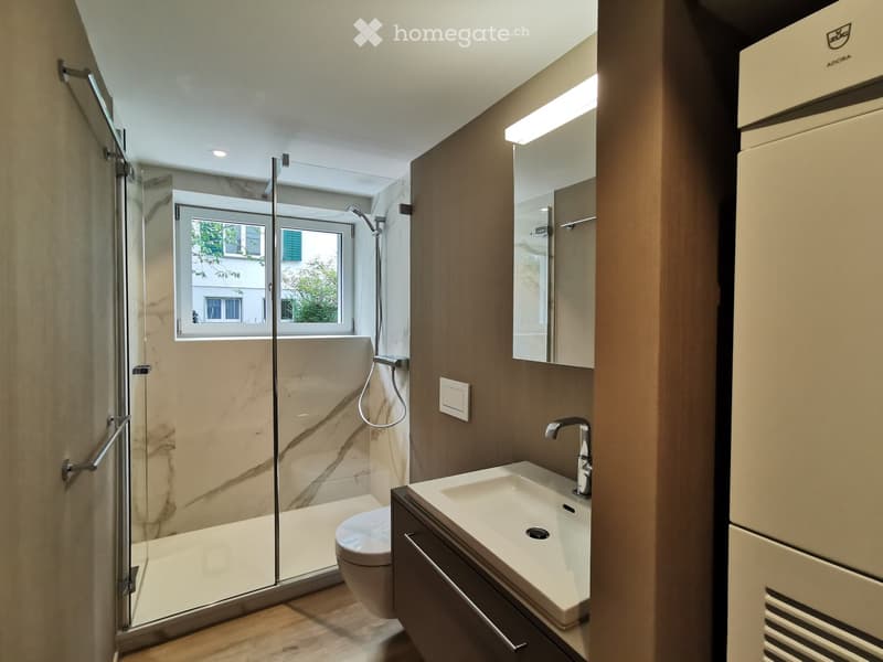 Modern bathroom with a glass-enclosed shower, a white sink with a modern faucet, a toilet, and a large mirror above the sink. The walls are finished in marble and wood tones, and the floor is wooden.