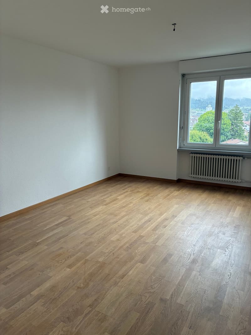 Empty room with wooden flooring, white walls, and a large window with a view of greenery and buildings. A radiator is visible below the window.