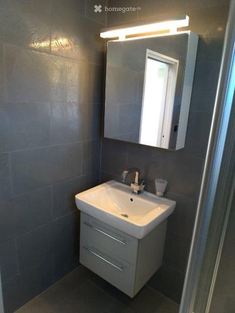 Modern bathroom with a white sink, chrome faucet, built-in cabinet, and a large mirror with built-in lighting above.
