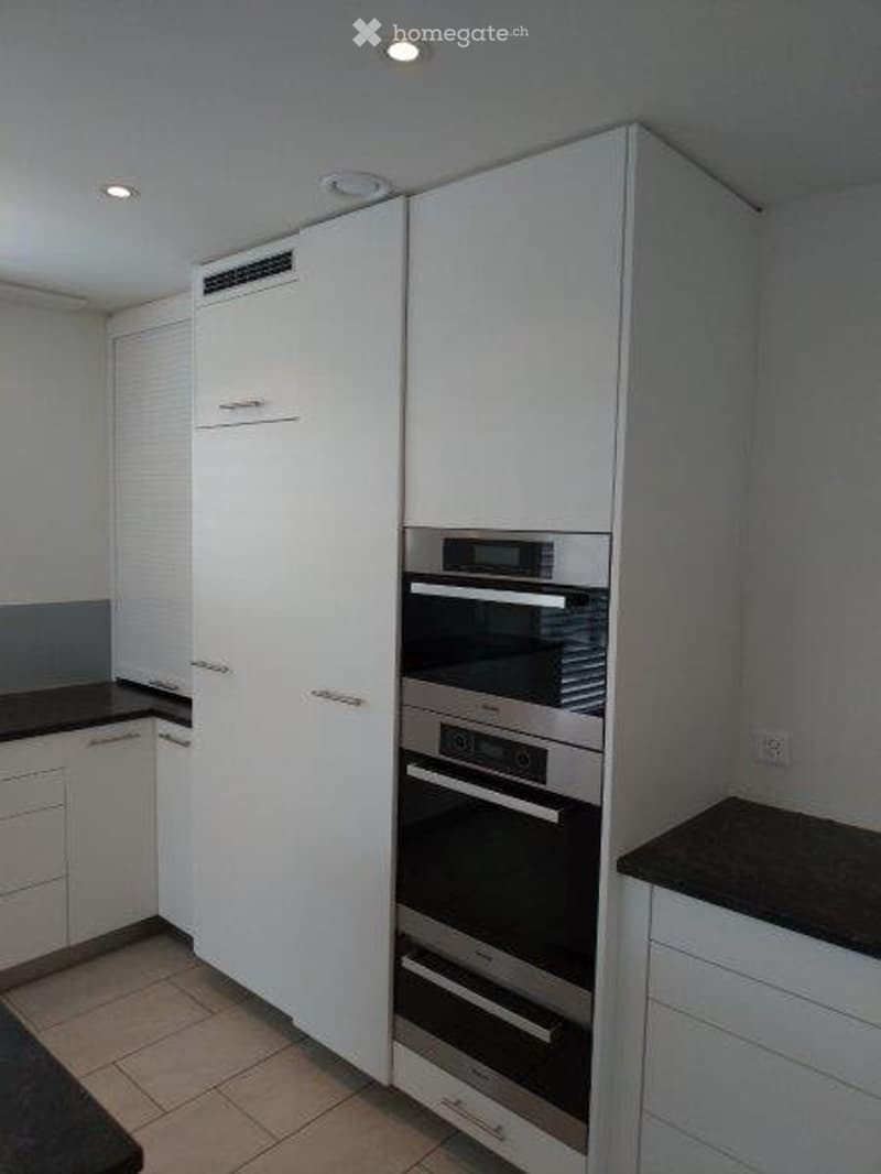 Modern kitchen with white cabinets, built-in oven, and dark countertops.