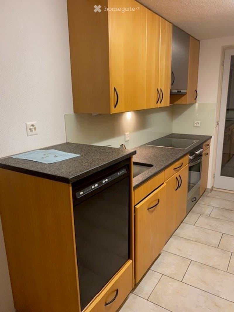 Modern kitchen with light wooden cabinets, granite countertop, built-in dishwasher, and oven. Features sleek design with integrated appliances and ample storage space.