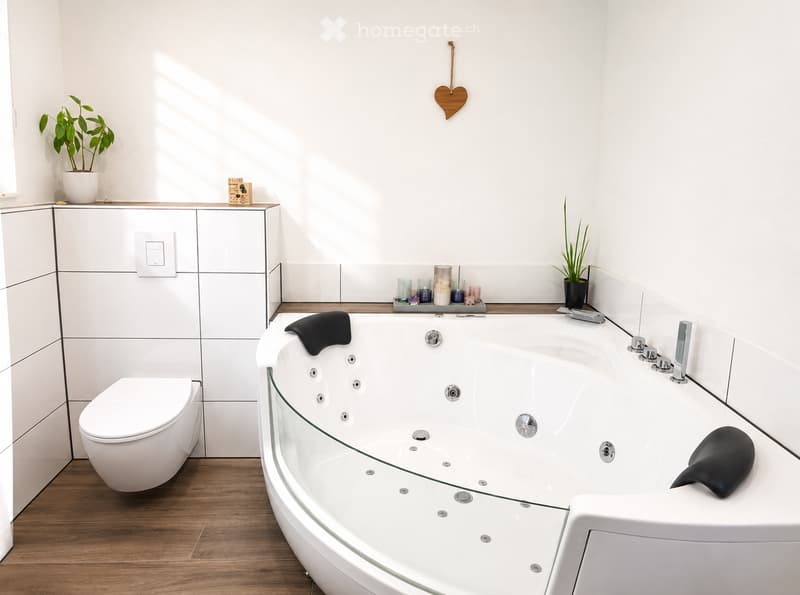 Modern bathroom with a large bathtub, toilet, sink, and decorative plants on the counter.