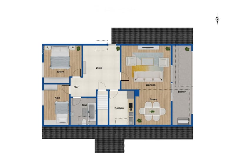 Floor plan of a 3-bedroom apartment with living, dining, kitchen, and balcony areas.