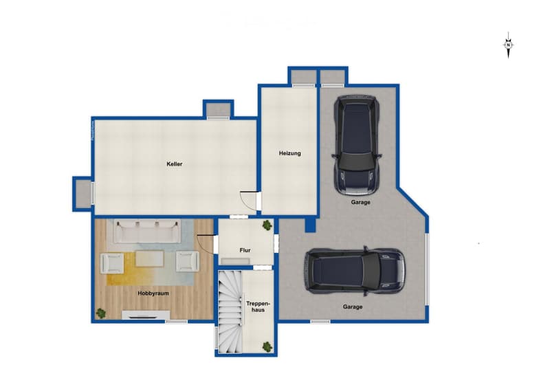 Floor plan of a house with a hobby room, basement, heating room, and two garages.
