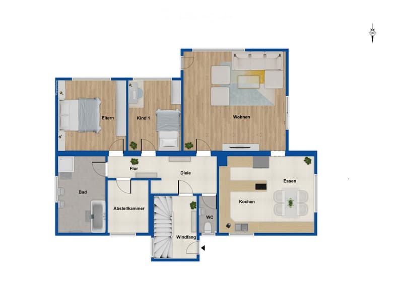 Floor plan of a 4-room apartment with living room, kitchen, dining area, two bedrooms, bathroom, and storage room.