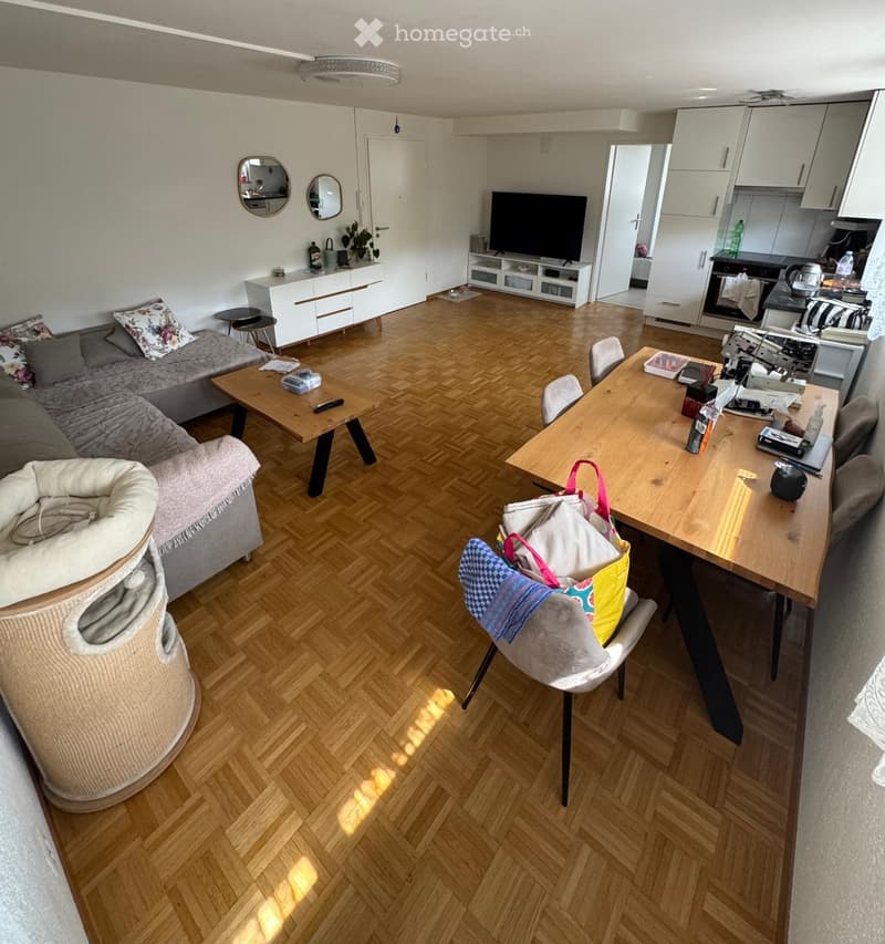 Open-plan living and dining area with wooden flooring, a grey sofa, coffee table, dining table, and kitchen area with white cabinets and appliances.