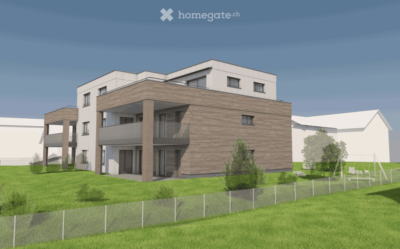 Modern two-story residential building with white and wood exterior, multiple windows, balconies, and a fenced yard with greenery.