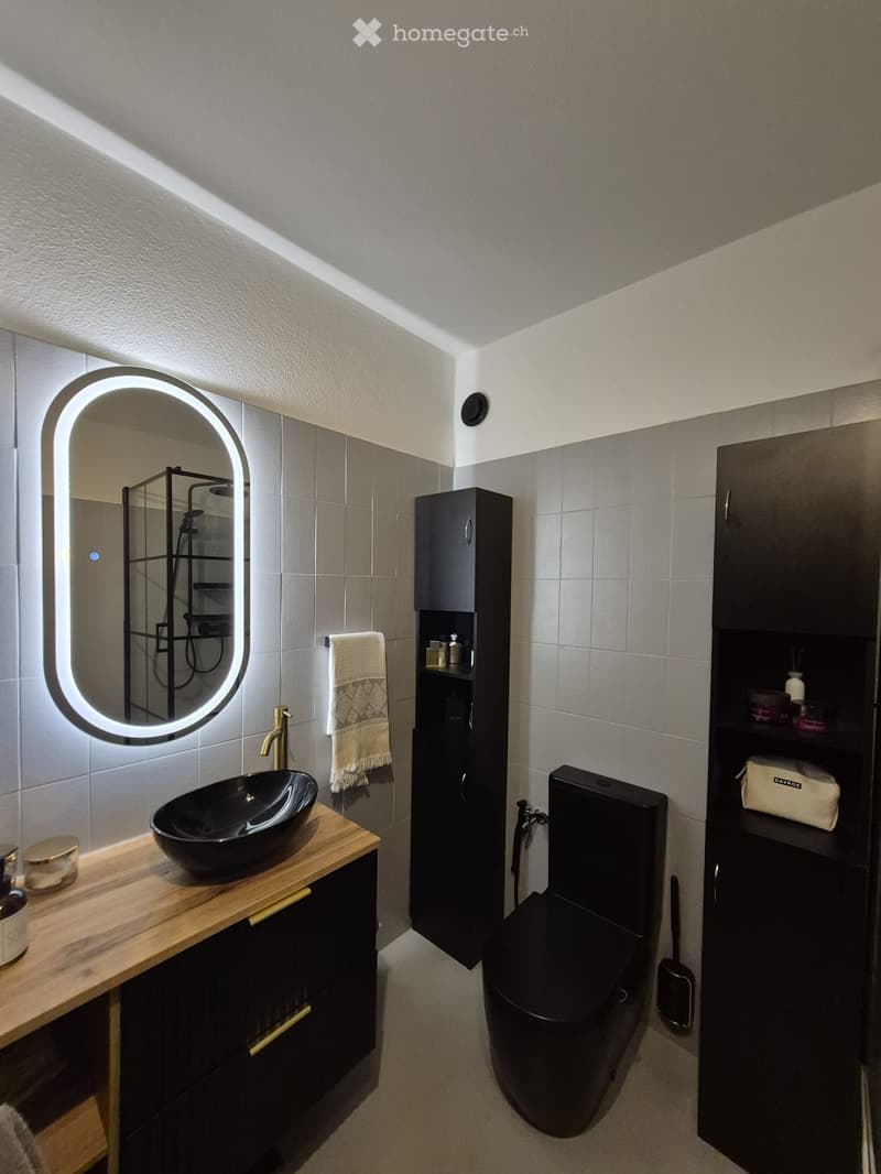 Modern bathroom with a black sink, illuminated mirror, wooden vanity, black toilet, and built-in cabinets.