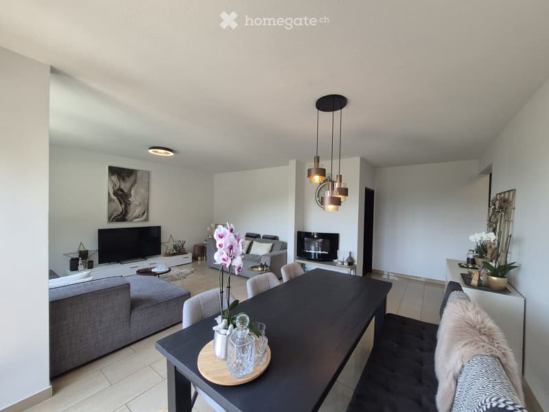 Modern living room with a grey sofa, coffee table, dining table, chairs, television, fireplace, and decorative items including a flower vase and a mirror.