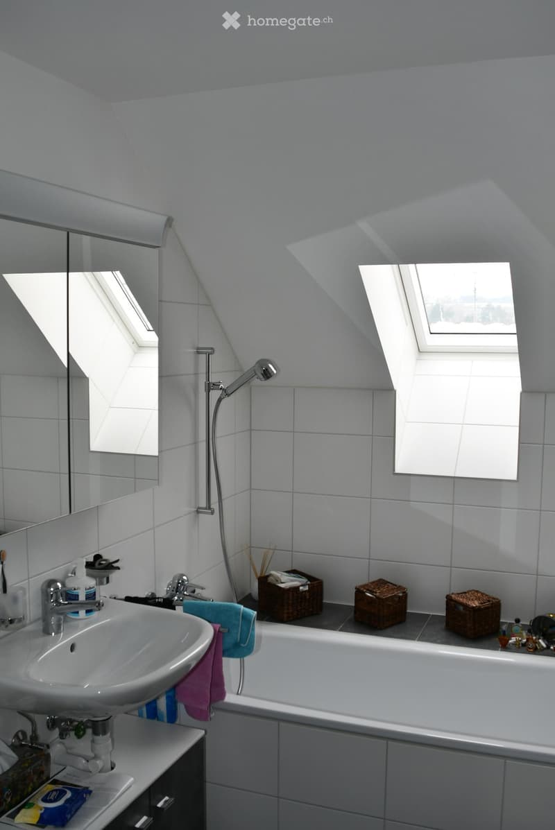 Modern bathroom with a sink, bathtub, mirror, and skylight windows. Includes towels, wicker baskets, and toiletries.