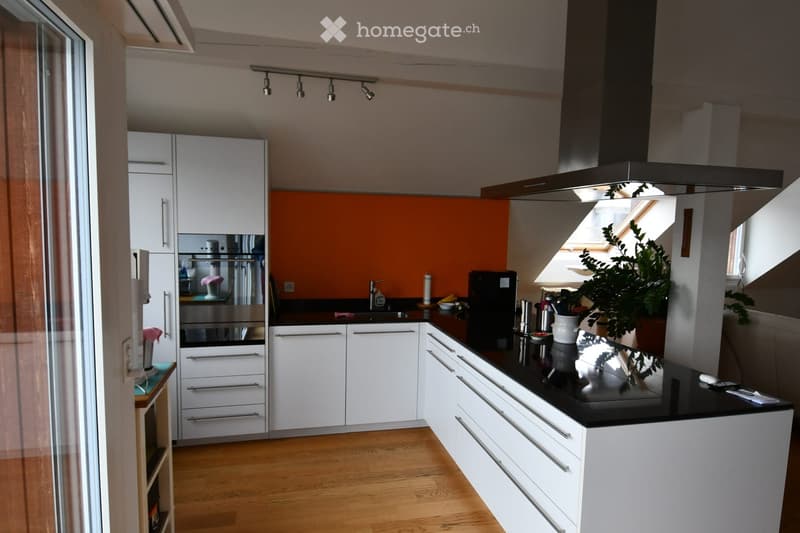 Modern kitchen with white cabinets, black countertops, stainless steel appliances, and a potted plant on the counter.