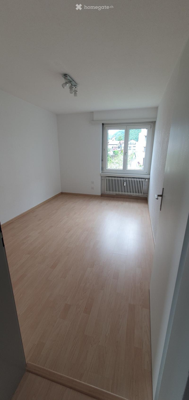 Empty room with light wooden flooring, white walls, and a large window with a radiator below it. The room has a ceiling light fixture and a door visible on the left side.