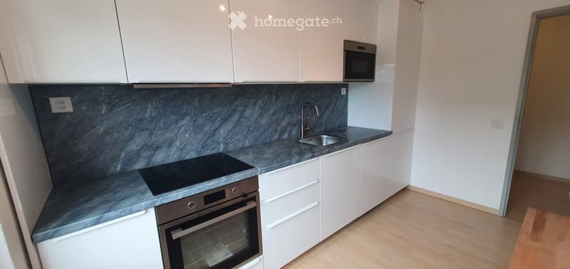 Modern kitchen with white cabinets, dark grey marble backsplash, stainless steel appliances, and wooden flooring.