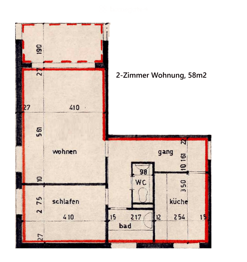 Floor plan of a 2-room apartment, 58m2, showing living area, bedroom, kitchen, bathroom, and hallway.