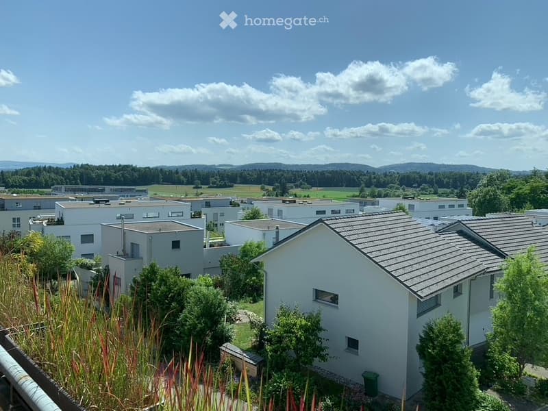 modern residential buildings, white facades, gray roofs, surrounded by greenery, open landscape view