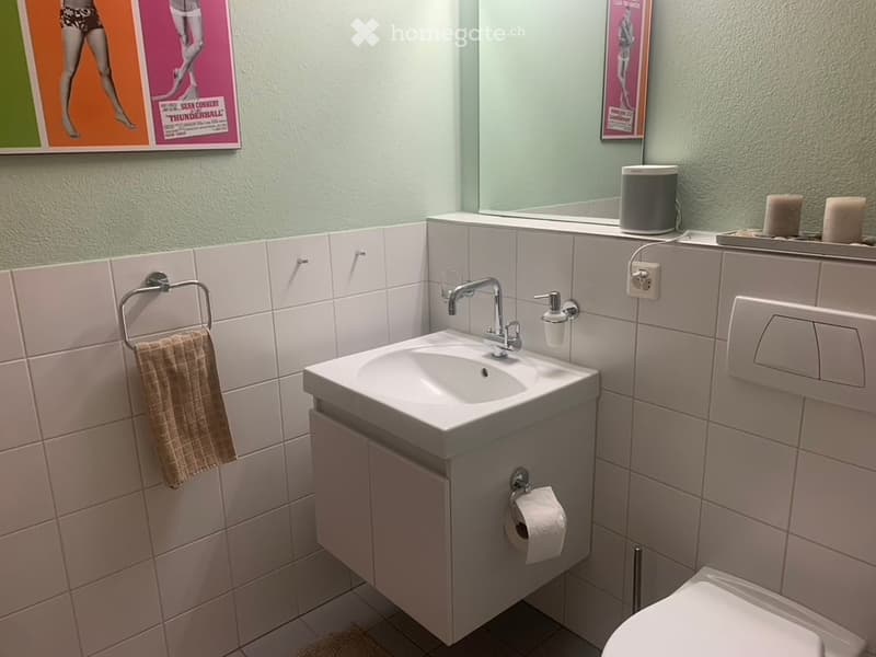 modern bathroom with white tiles, sink with faucet, mirror, toilet, and towel rack, toilet paper