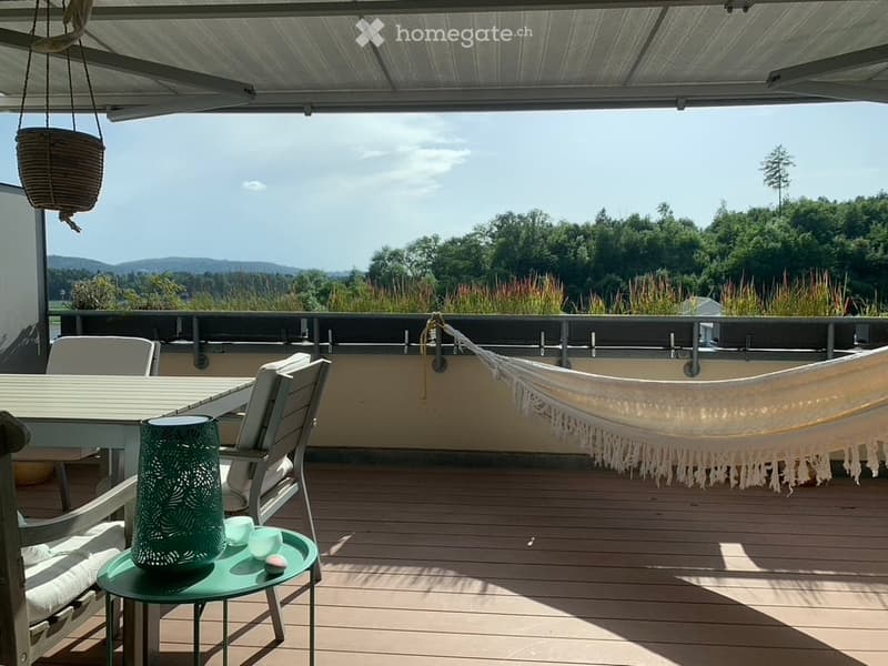 covered terrace, outdoor table and chairs, hammock, hanging plant basket, green table
