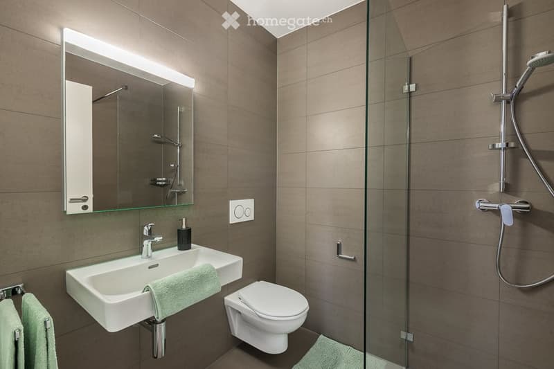 Modern bathroom with a white sink, mirror with built-in lighting, toilet, glass-enclosed shower, and green towels.