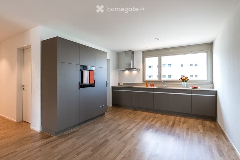 Modern kitchen with grey cabinets, wooden flooring, and a large window. Features a sink, faucet, and decorative items on the counter.