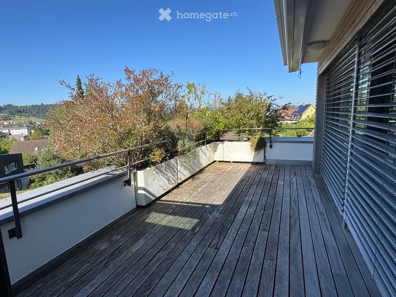Wooden deck terrace with metal railing, overlooking a green landscape with trees and houses.