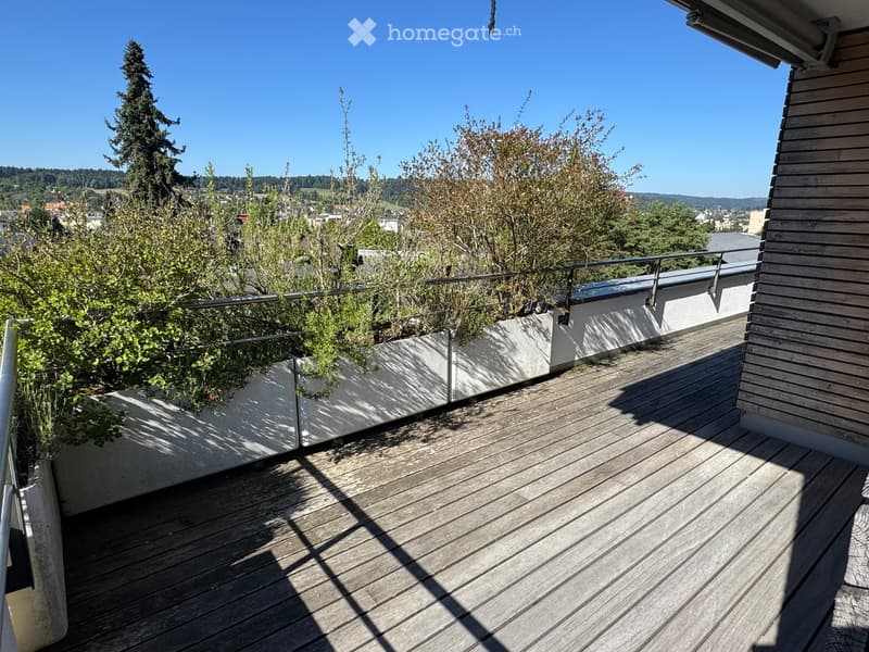 Wooden deck with metal railing, greenery in planters, scenic view of trees and distant landscape.