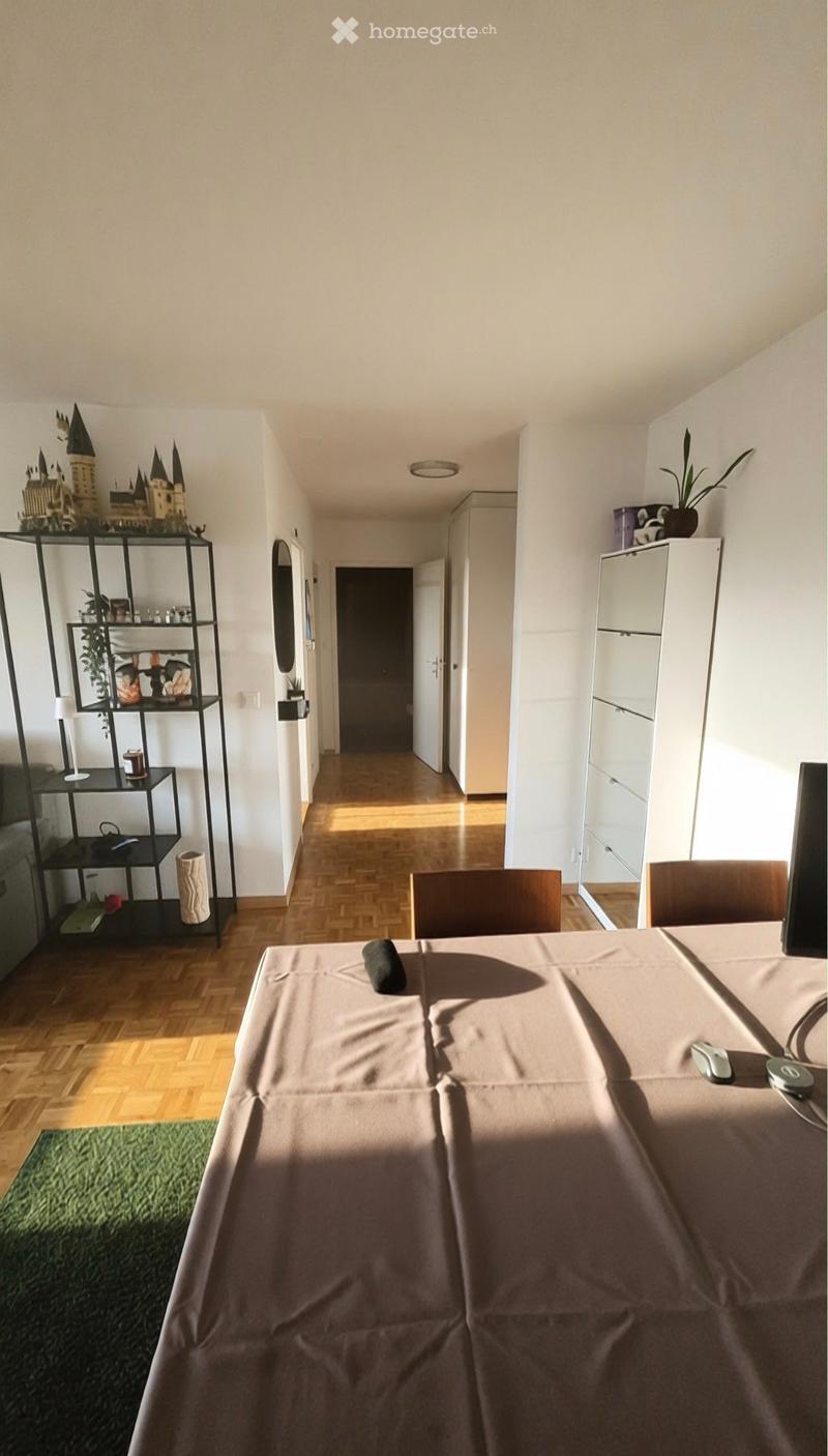 A modern, well-lit room with wooden flooring, a large table covered with a beige cloth, two chairs, a shelf with decorative items, a mirror, and a potted plant. The room has a cozy and organized feel with a mix of contemporary and whimsical decor.