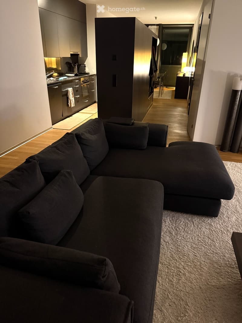 Modern living room with a black sectional sofa, light wooden flooring, and a connected kitchen area with stainless steel appliances.