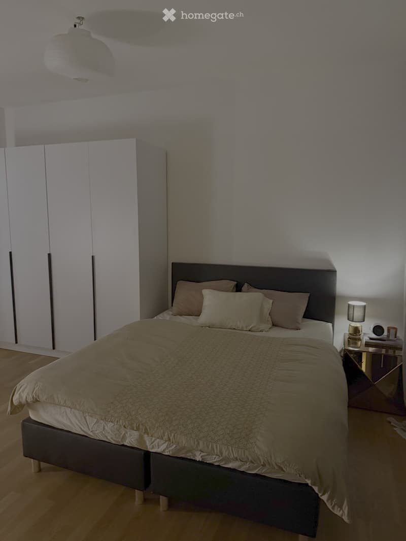 Modern bedroom with a large bed, beige bedding, a nightstand with a lamp, and a white wardrobe.