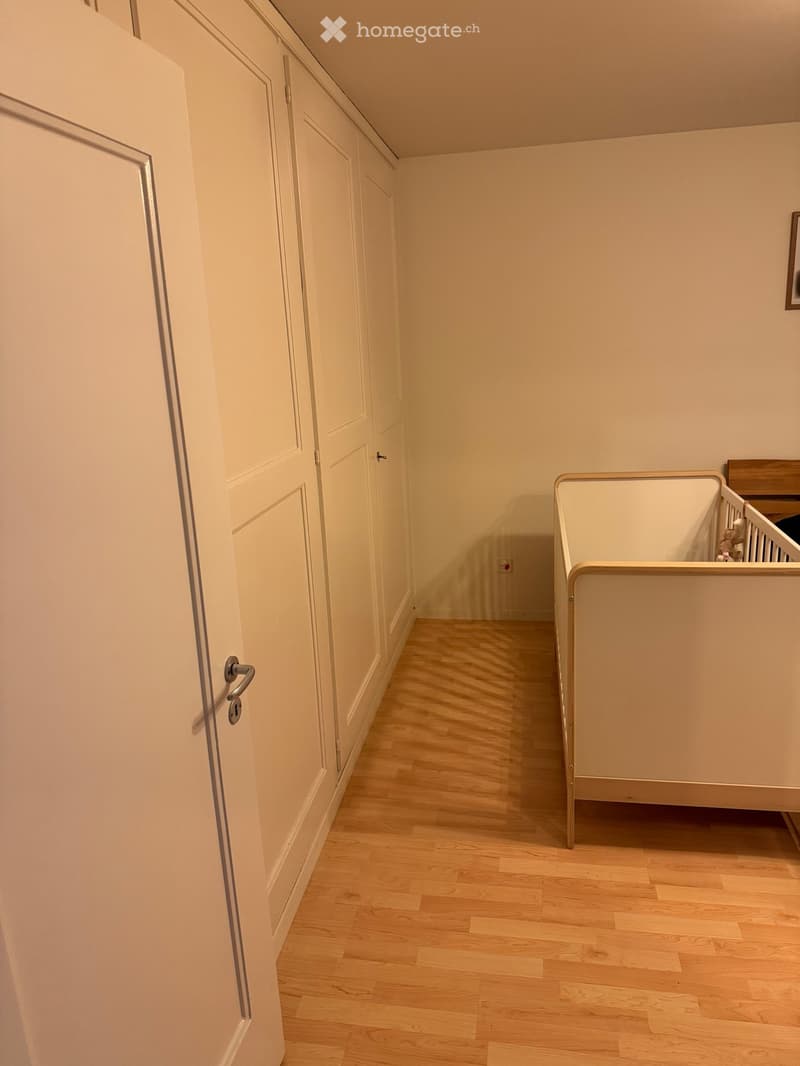 A narrow hallway with light wooden flooring, white walls, and built-in white cabinets on one side. A small staircase with a wooden railing is visible at the end of the hallway.