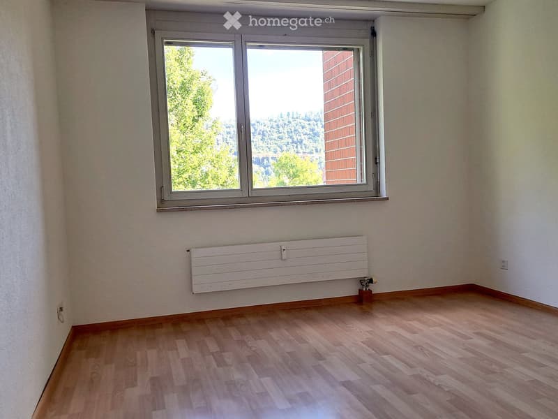 Empty room with wooden flooring, white walls, a large window with a view of trees and a brick building, and a white radiator below the window.