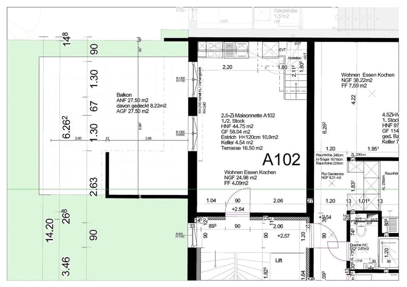 Floor plan of a 2.5-story maisonette labeled A102, including living, dining, kitchen, bedrooms, bathrooms, balcony, terrace, and storage areas.