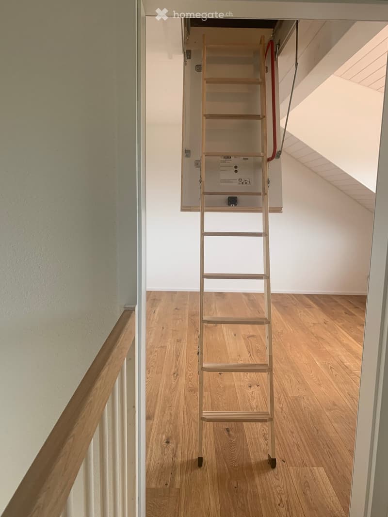 A narrow hallway with wooden flooring and a wooden staircase leading to an attic space. The walls are painted in a light color, and the ceiling has exposed wooden beams.