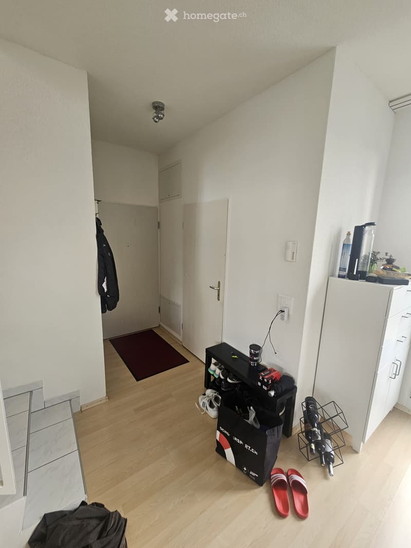 The image shows a well-lit hallway with wooden flooring, white walls, and several doors. Visible objects include a shoe rack with shoes, a wine rack with bottles, a shopping bag, a pair of red slippers, a small black table with a cup and other items, a co