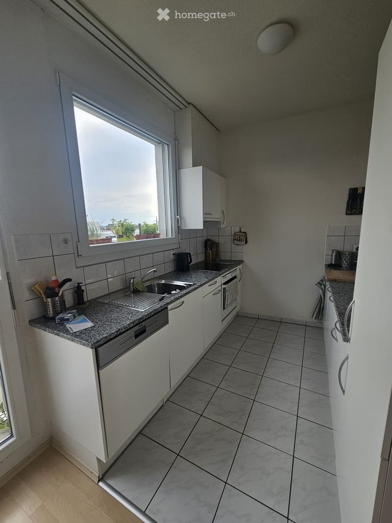 Modern kitchen with white cabinets, granite countertops, and stainless steel appliances. Features a double sink, dishwasher, and ample storage space.