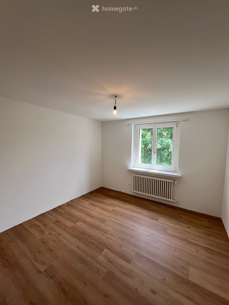 Empty room with wooden flooring, white walls, a single window with white frame, radiator, and a single ceiling light fixture.