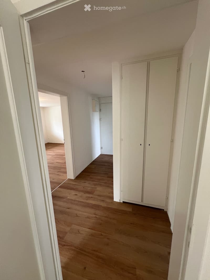 Empty hallway with wooden flooring, white walls, and several closed doors leading to other rooms.