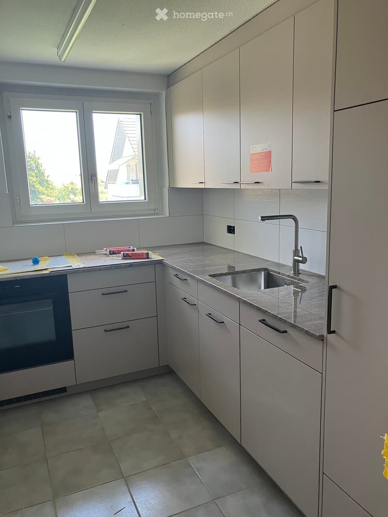 Modern kitchen with light grey cabinets, a stainless steel sink, and a built-in oven. The countertops are light grey, and the floor is tiled.