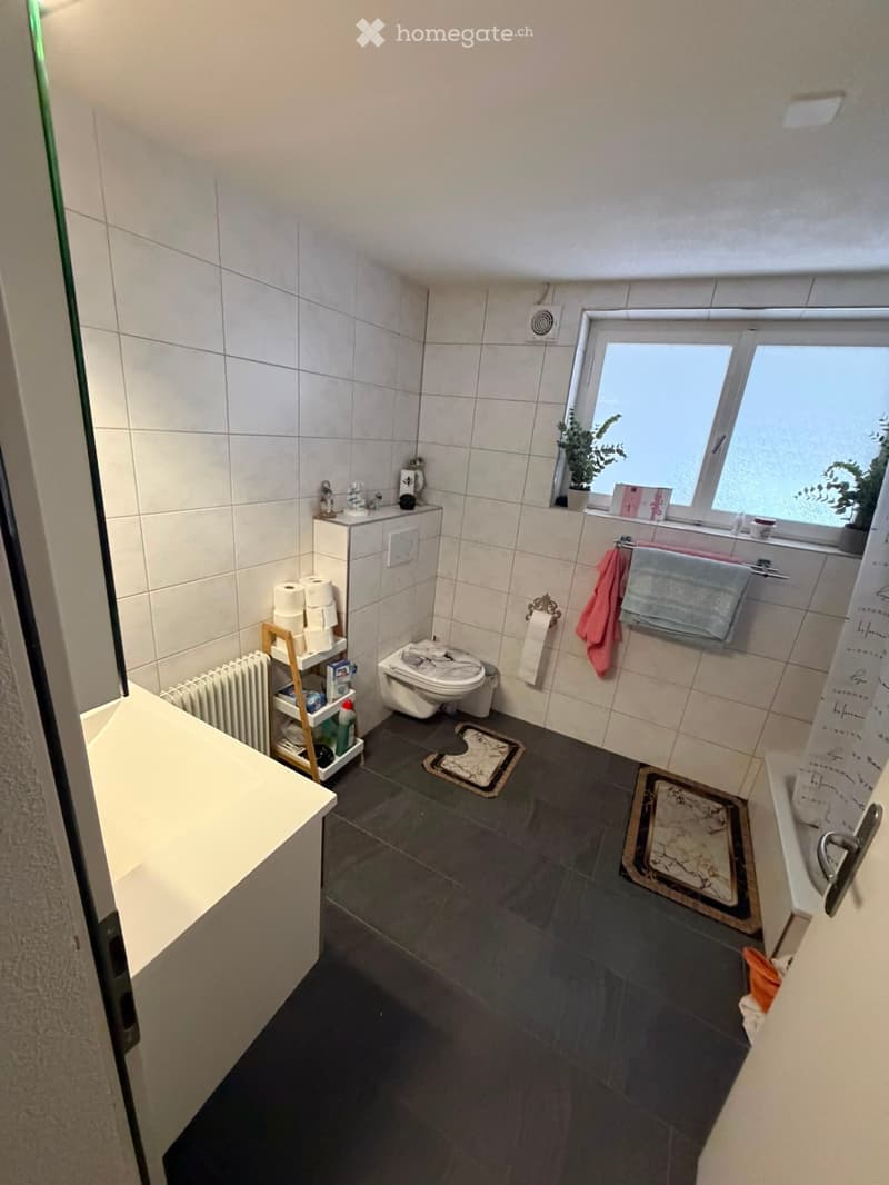 Bathroom with white tiled walls, dark grey tiled floor, toilet, sink, towel rack, and a small window with a plant on the sill.