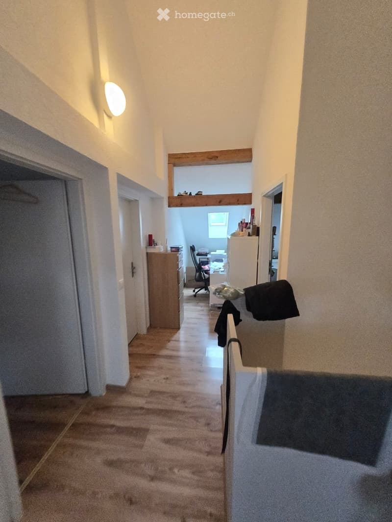 Carpeted hallway with wooden flooring in the background, leading to a room with a desk, chair, and shelves. A small loft area is visible above the hallway.