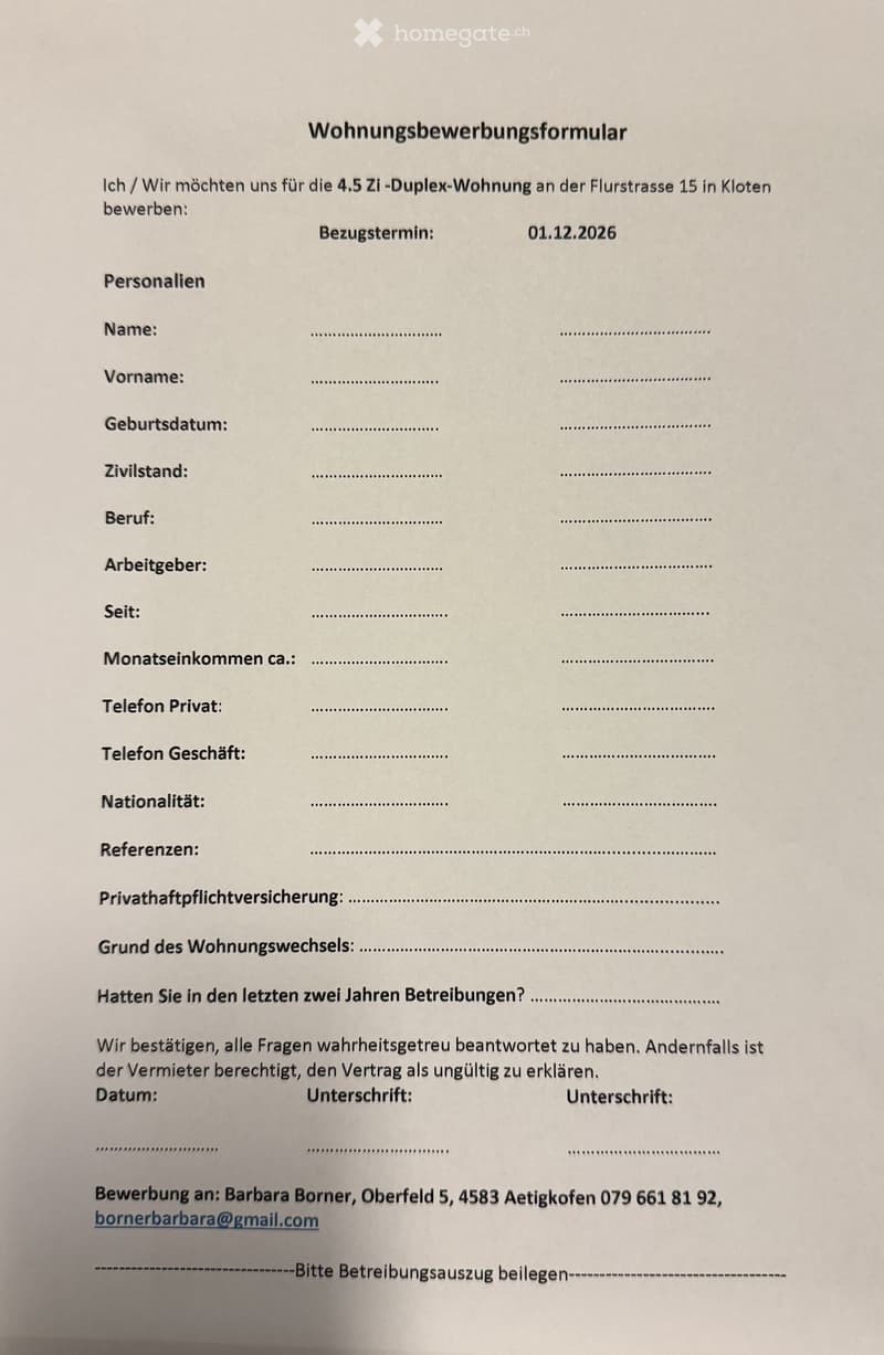Rental application form for a 4.5-room duplex apartment at Flurstrasse 15 in Kloten, with fields for personal information, employment details, and references.