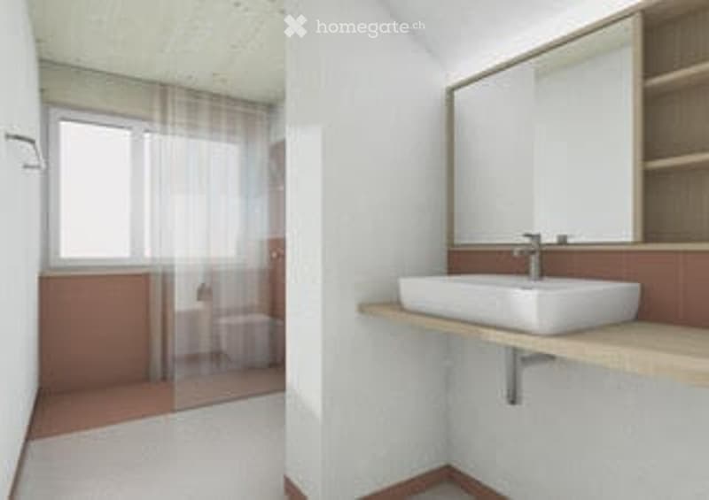 Modern bathroom with a sink, mirror, and wooden cabinet. The space is bright with large windows and a glass shower enclosure.