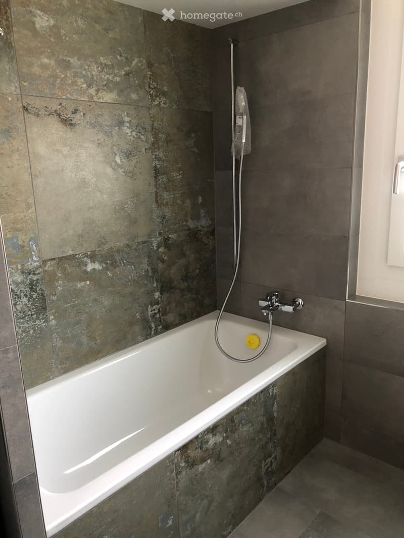 Bathtub in bathroom, grey tiles, metal shower head