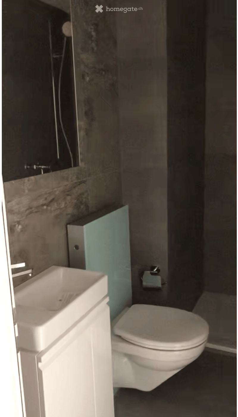 Bathroom with sink, toilet, shower, and cabinet