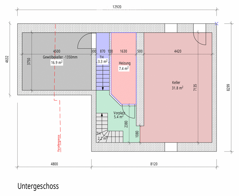 Floor plan of a basement level showing a storage room, heating room, entrance area, and main cellar space with labeled dimensions and areas.