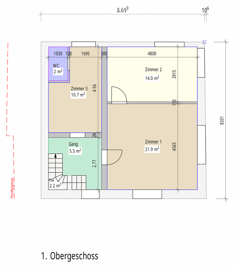 Floor plan of the upper floor showing four rooms: WC, Zimmer 3, Zimmer 2, and Zimmer 1, along with a hallway and a small area labeled TH.