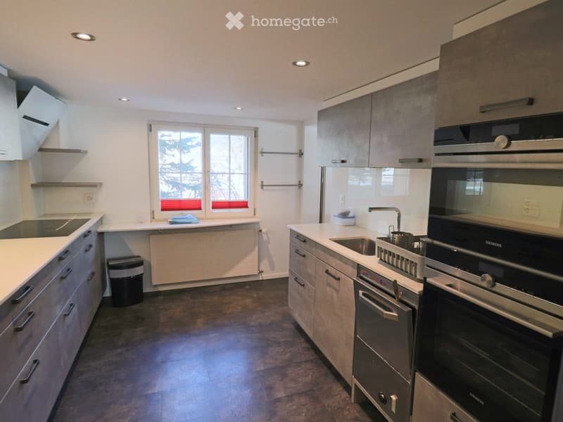 Modern kitchen with grey cabinets, stainless steel appliances, and a large window. Features include a sink, faucet, oven, dishwasher, and trash bin.