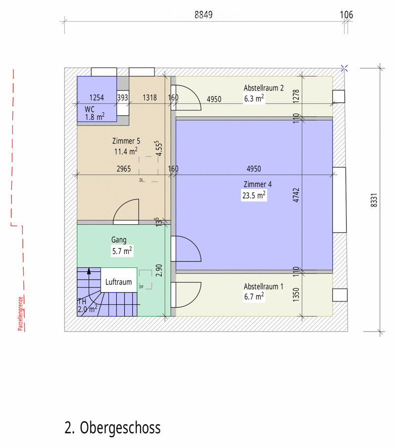 Floor plan of the second floor showing WC, room5, hallway, air space, room 4, storage room 1, and storage room 2 with dimensions and area measurements.
