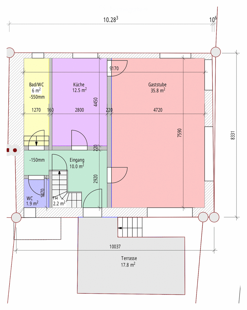Floor plan showing a bathroom/WC, kitchen, guest room, entrance, WC, and terrace with dimensions and measurements.