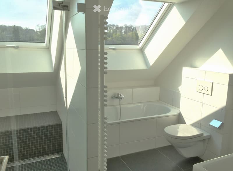 Modern bathroom with a bathtub, toilet, and a glass-enclosed shower area. The room features white tiles, a skylight window, and a sleek shower rail.