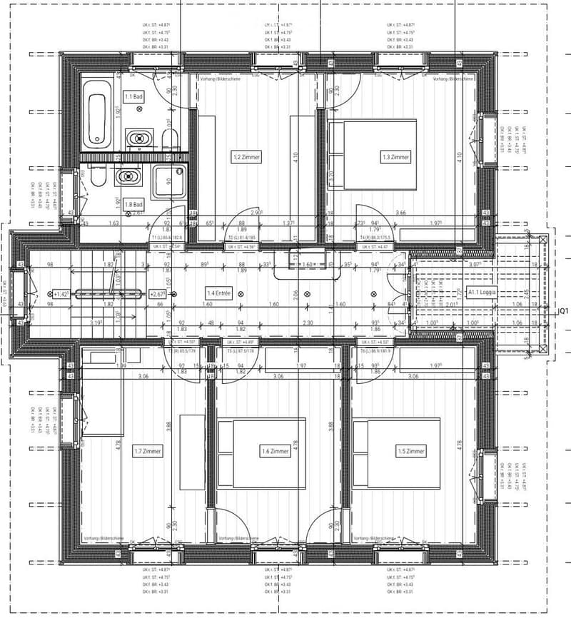 Floor plan of a residential building with multiple rooms including bedrooms, bathrooms, and a hallway.